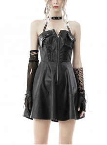 Black Punk Cool Bag Faux Leather Wrap Stud Zip Halter Dress