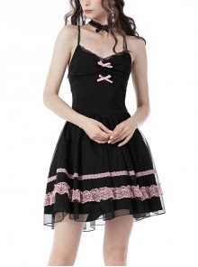 Black Pink Sexy Doll Chiffon Lace Wavy Sling Backless Dress