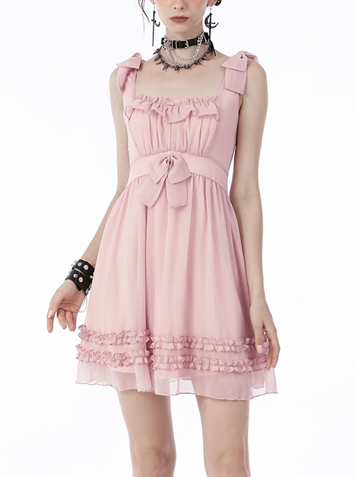 Pink Doll Large Bow Tie Waist Lotus Leaf Sling Backless Dress