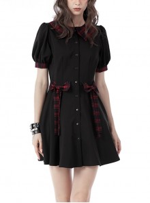 Black Gothic Lolita Blood Drop Black Red Plaid Bow Button Dress
