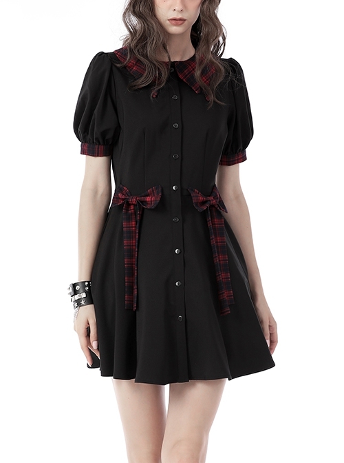 Black Gothic Lolita Blood Drop Black Red Plaid Bow Button Dress