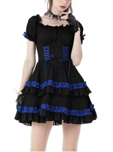 Gothic Lolita Black And Blue Ruffle Double Tie Puff Sleeve Doll Dress