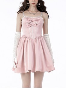 Cute Pink Doll Double Bow Lace Mini Suspender Open Back Dress