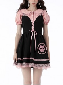 Sweet Cat Feet Lace Lace Black And Pink Ribbed Slip Dress