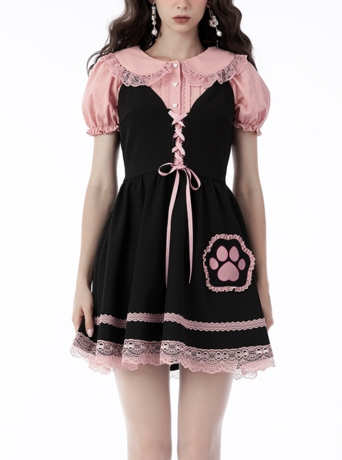 Sweet Cat Feet Lace Lace Black And Pink Ribbed Slip Dress