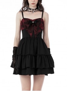 Black Gothic Red Spider Web Print Bowknot Cross Ruffle Suspender Wrap Dress