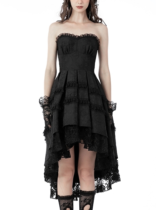 Magic Girl Black Rose Lace Pleated High And Low Fluffy Suspender Dress