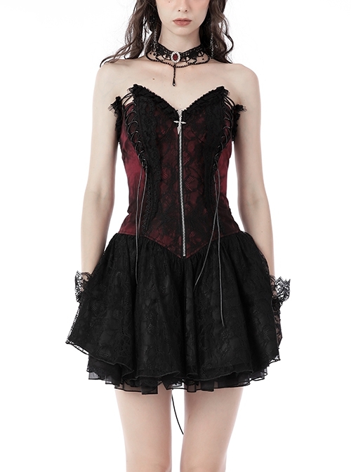 Gothic Mini Wrap Chest Double Strap Cross Zipper Lace Puffy Dress
