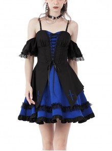 Gothic Lolita Black Blue Cross Lace Off Shoulder Lace Lotus Leaf Dress