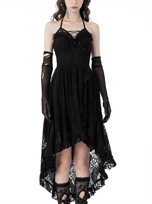 Gothic Black Sexy Ruffle Tie Low Neck Tuxedo Lace Slip Dress