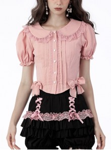 Pink Princess Heart Lace Bow Button Doll Neck Bubble Short Sleeve Shirt