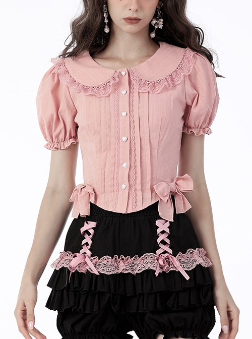 Pink Princess Heart Lace Bow Button Doll Neck Bubble Short Sleeve Shirt
