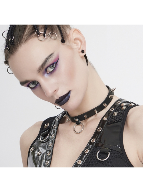 Black Punk Nailed Metal Decorated Adjustable Leather Chocker