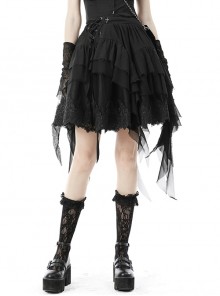 Gothic Black Lolita Double Cross Tie Irregular Fringed Lotus Lace Puffy Skirt