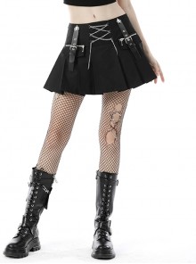 Black Punk Rock Chain Strap Skull Rivet Zipper Pleated Mini Skirt