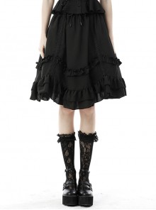 Black Lolita Vintage Lace Wave Ruffle Tightening Belt Skirt