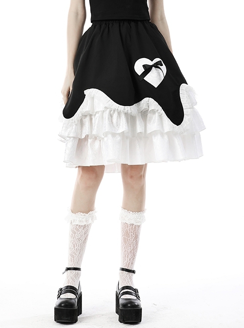 Black And White Lolita Ruffle Chocolate Melt Cake Heart Double Skirt