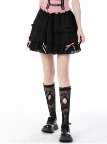 Black Lolita Decorative Button Tight Double-Layer Mini Pink Bow Skirt
