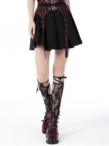 Black And Red Punk Rock Double Button Lace Plaid Ribbon Hidden Zip Pleated Skirt