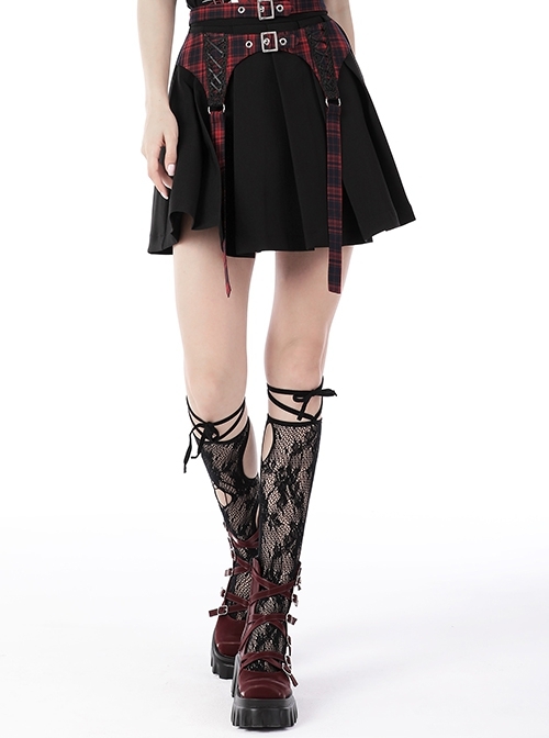 Black And Red Punk Rock Double Button Lace Plaid Ribbon Hidden Zip Pleated Skirt