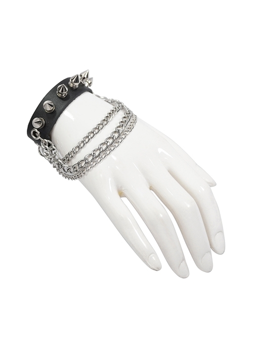 Adjustable Black Punk Different Thicknesses Chain Decorated Nailed Leather Bracelet