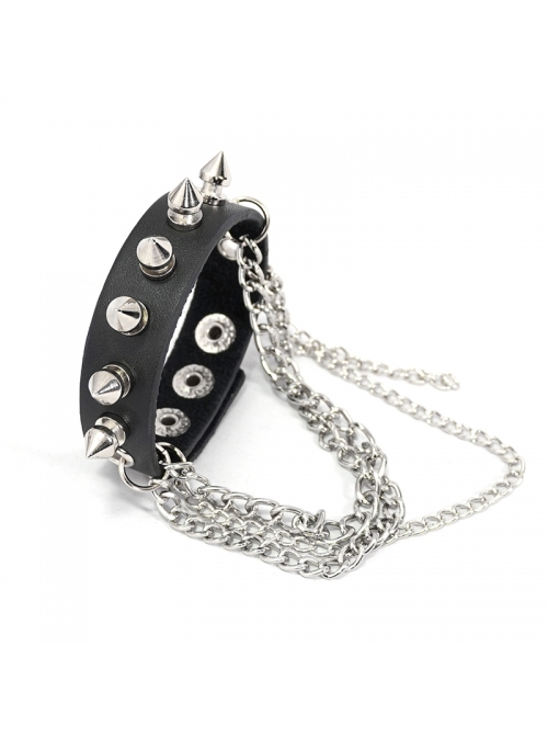 Adjustable Black Punk Different Thicknesses Chain Decorated Nailed Leather Bracelet
