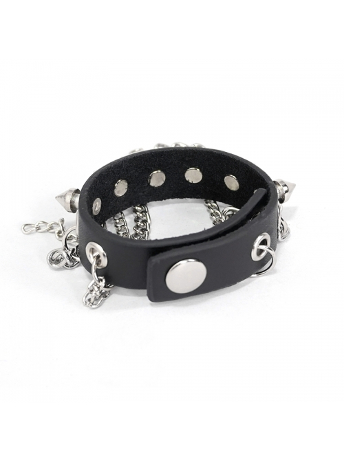 Adjustable Black Punk Different Thicknesses Chain Decorated Nailed Leather Bracelet