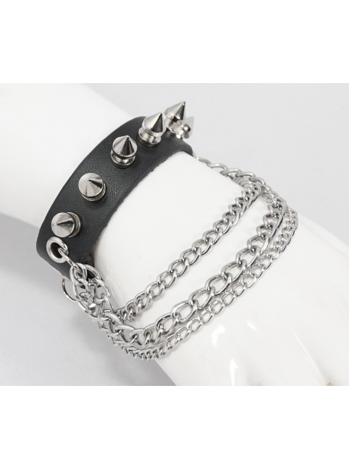 Adjustable Black Punk Different Thicknesses Chain Decorated Nailed Leather Bracelet