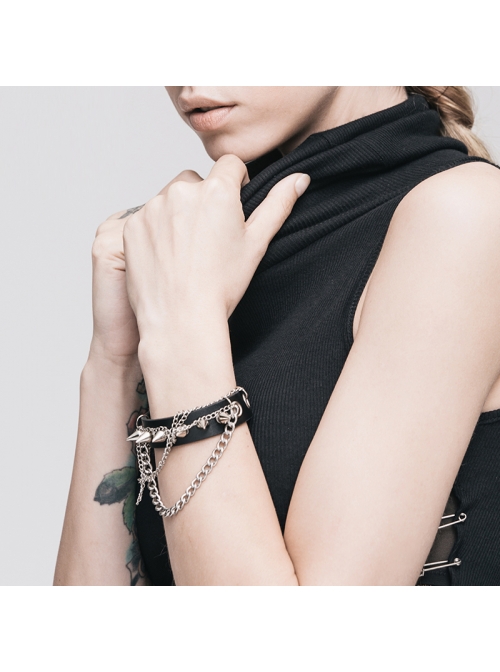 Adjustable Black Punk Different Thicknesses Chain Decorated Nailed Leather Bracelet