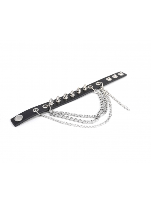 Adjustable Black Punk Different Thicknesses Chain Decorated Nailed Leather Bracelet