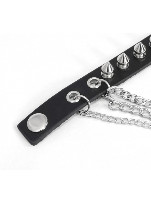 Adjustable Black Punk Different Thicknesses Chain Decorated Nailed Leather Bracelet