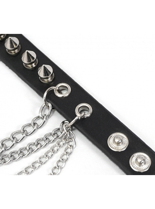 Adjustable Black Punk Different Thicknesses Chain Decorated Nailed Leather Bracelet