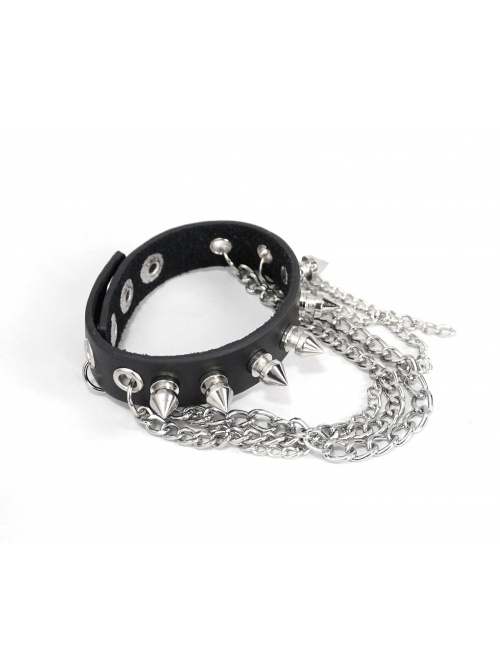 Adjustable Black Punk Different Thicknesses Chain Decorated Nailed Leather Bracelet