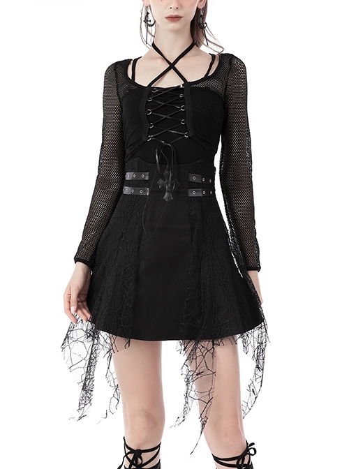 Punk Rock Black Cross Double Row Metal Rivets Irregular Spider Web Invisible Zipper Mini Skirt