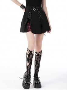 Punk Rock Black High Waist Double Breasted Metal Heart Double Bow Tie Bow Pleated Hidden Red Plaid Mini Skirt