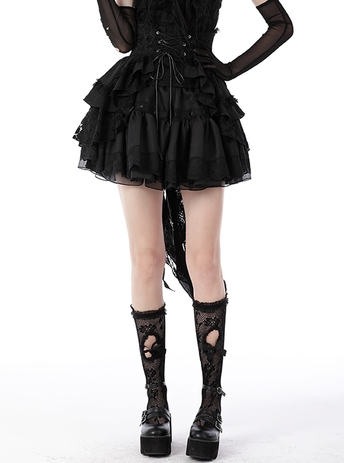 Gothic Black Luxe Lace Print High Waist Irregular Tie Tuxedo Double Skirt