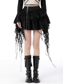 Punk Biker Black Side Zip Irregular Lace Fringe Hem Ruffle Skirt