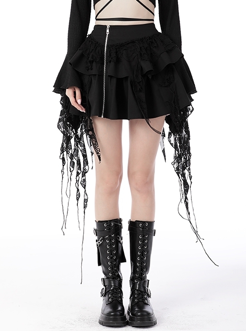 Punk Biker Black Side Zip Irregular Lace Fringe Hem Ruffle Skirt