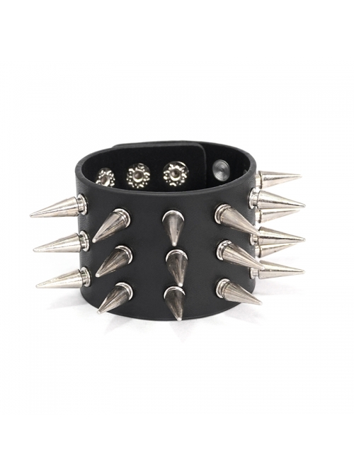 Adjustable Black Punk Multi-Row Nailed Leather Bracelet