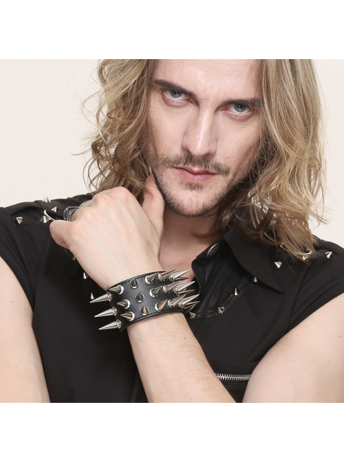 Adjustable Black Punk Multi-Row Nailed Leather Bracelet