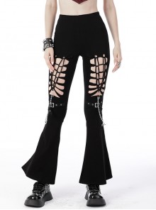 Punk Alternative Double Chain Metal Buckle Cutout Black Sexy Flared Pants