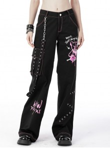 Punk Rebel Fashion Pink Dangerous Bear Print Metal Studs Waist Chain Loose Trousers
