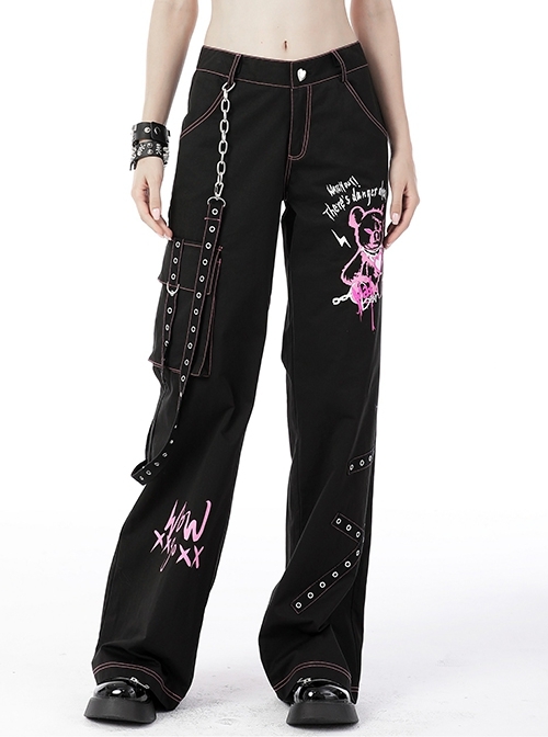 Punk Rebel Fashion Pink Dangerous Bear Print Metal Studs Waist Chain Loose Trousers