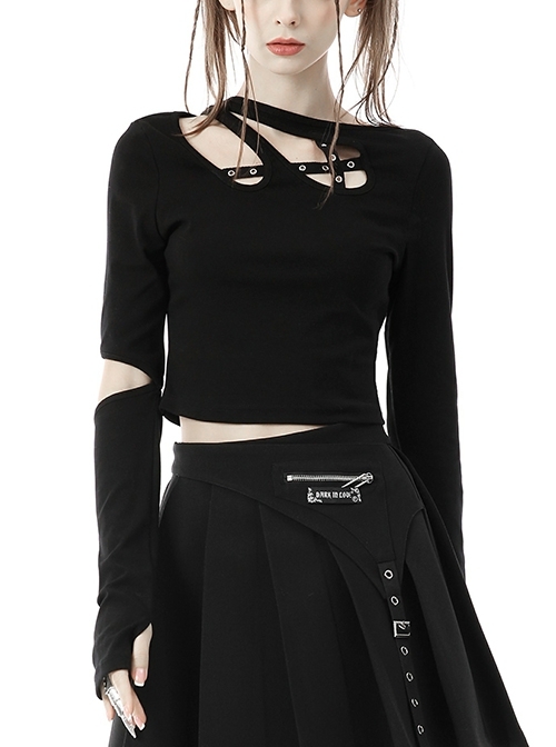 Punk Black Skinny Asymmetric Metal Studs Sexy Long Sleeve Drop Elbow T-Shirt