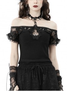 Gothic Black Delicate Lace Neckline Sexy Off The Shoulder Short Sleeve Top