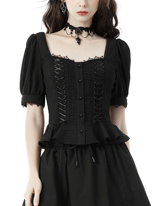 Black Gothic Lolita Delicate Cord Button Waist Lace Puff Sleeve Ruffle Short Sleeve Top