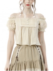 Steampunk Cute White Ruffle Lace Off Shoulder Button Puff Sleeve Top