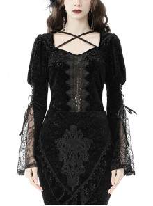 Gothic Luxury Black Velvet Cutout Lace Back Sexy Cross Flare Sleeve Princess Top