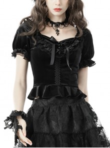Gothic Black Lace Big Bow Delicate Button Puff Sleeve Velvet Ruffle Top