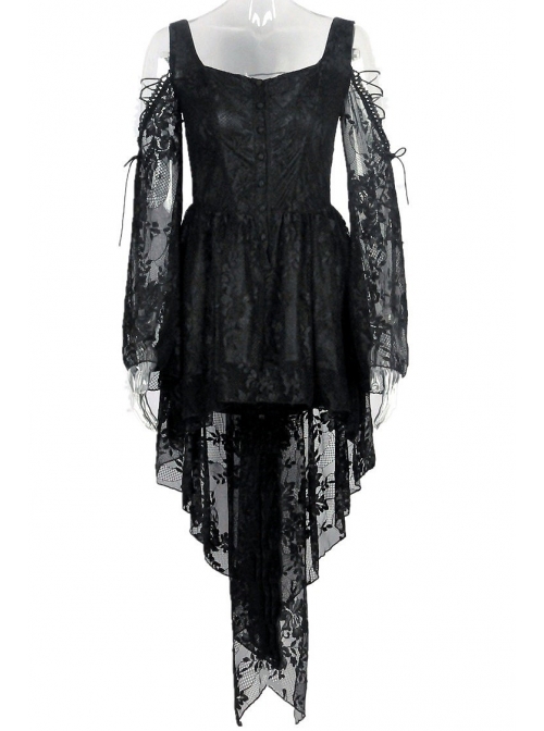 Black Off-Shoulder Button Row High Waisted Dovetail Lace Gothic Dress